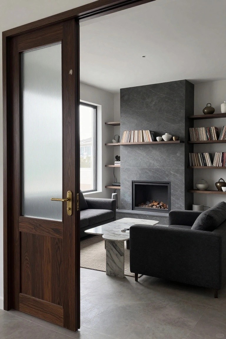 Open dark wood door to modern living room with gray sofas, marble fireplace, and floating shelves.