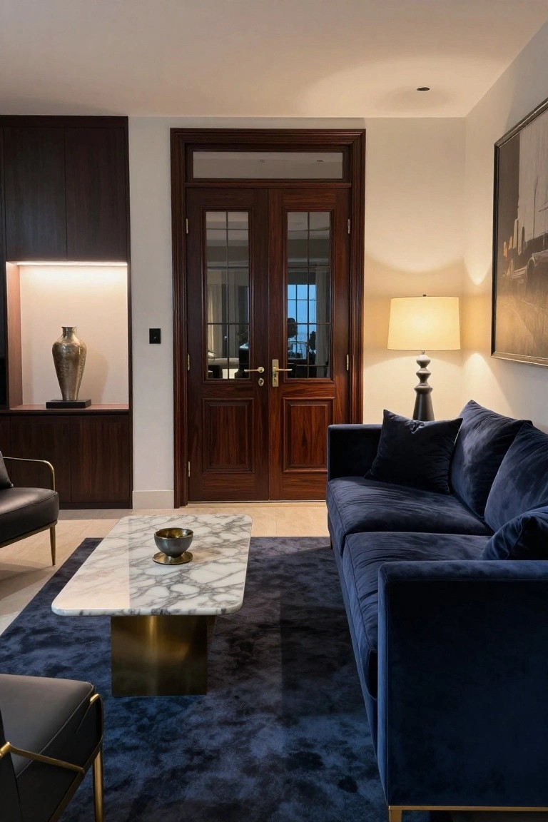 A living room with a dark wood double door featuring glass panels, a navy blue velvet sofa, a marble coffee table on a dark rug, and a lit table lamp.