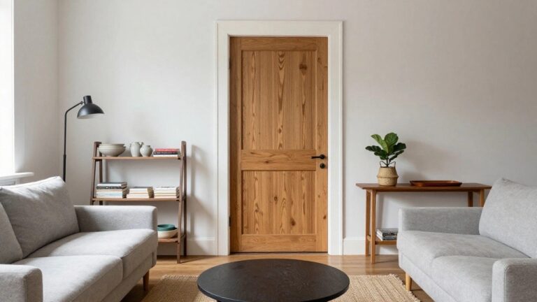 15 Stylish Living Room Wooden Door Designs That Create a Polished First Impression A light-colored wood interior door with black handle set in a living room with a gray sofa, round wooden coffee table, and woven rug.