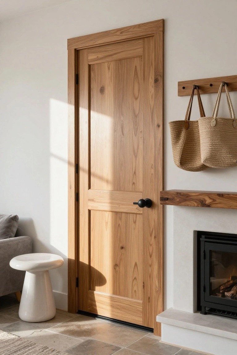 A light wood interior door with black knob stands beside a stone fireplace in a living room with a white stool nearby.