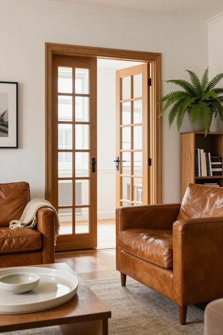 Open wooden French doors with glass panes in a living room with brown leather chairs and a wooden bookshelf.