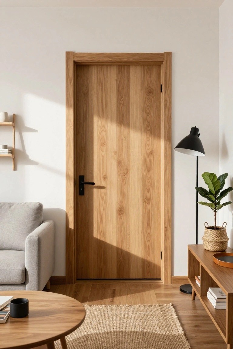 A light-colored wood interior door with black handle set in a living room with a gray sofa, round wooden coffee table, and woven rug.