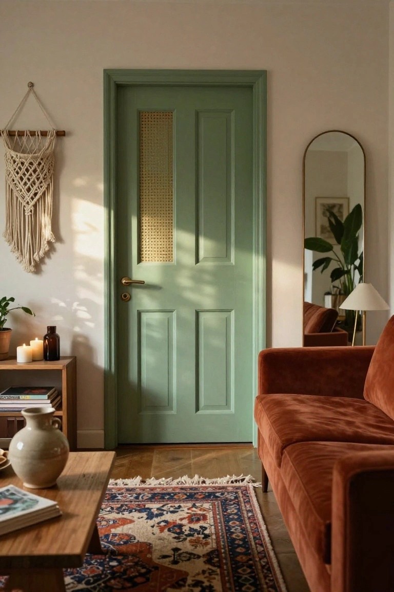 A sage green wooden door with a vertical cane panel insert stands in a living room with a rust-colored sofa and patterned rug nearby.