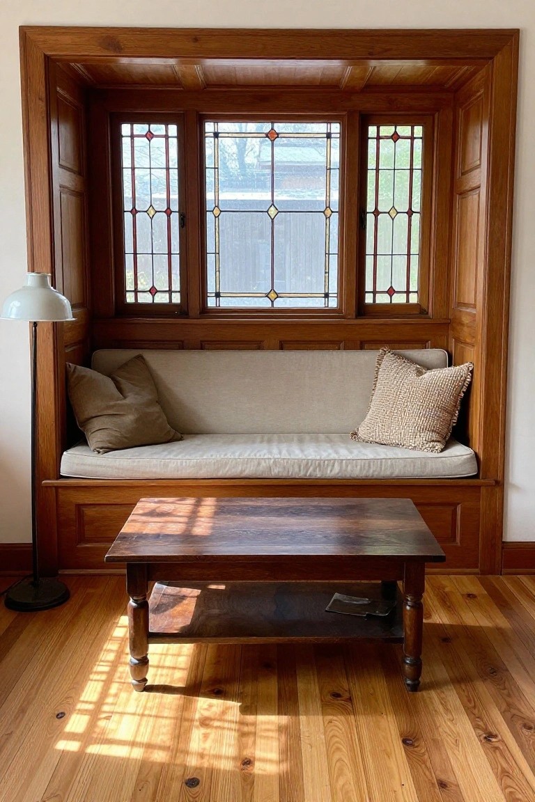 A living room shows a built-in window seat with beige cushions and two pillows, set into dark wood paneling beneath three stained glass windows, with a wooden coffee table on the floor in front.