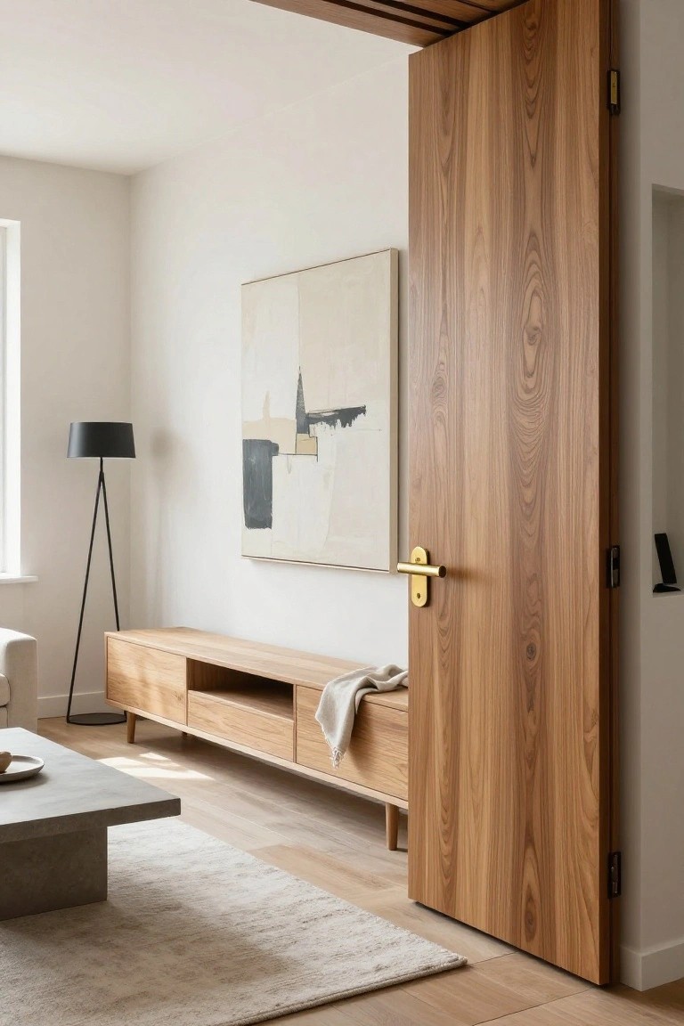 A tall light wood door with gold hardware stands open next to a low wood console table in a bright living room with neutral walls.