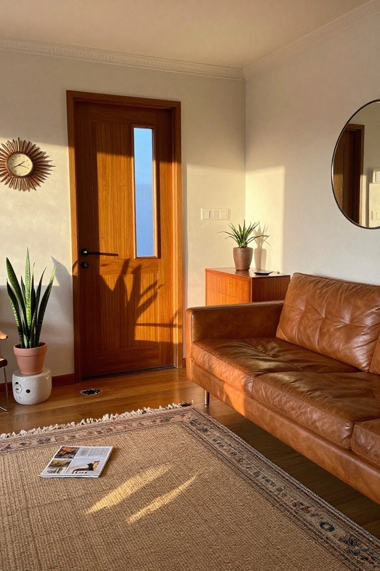 A living room with a wooden door featuring a tall vertical glass panel, a brown leather sofa, potted plants, and a woven rug on hardwood flooring.