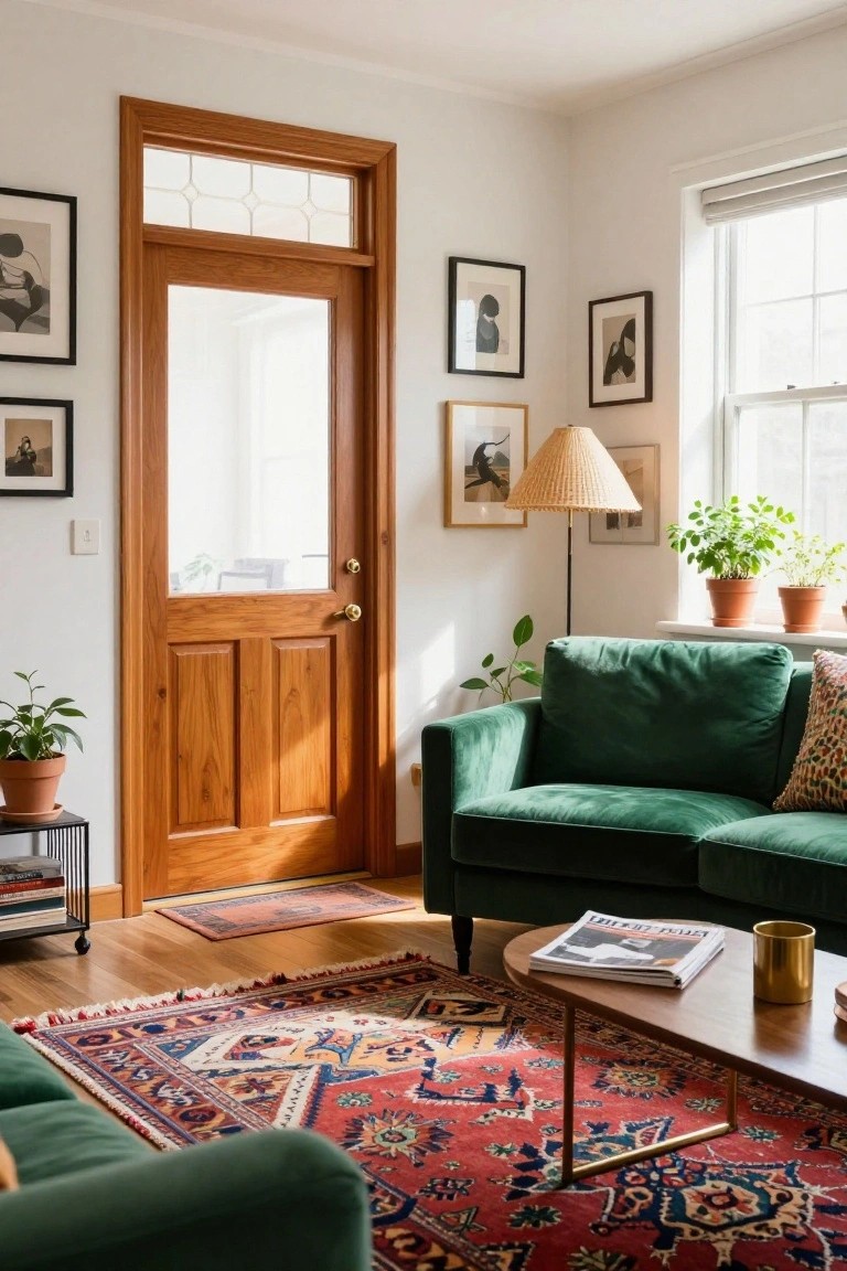 Sunlit living room with green velvet sofa, red patterned rug, and wooden door.