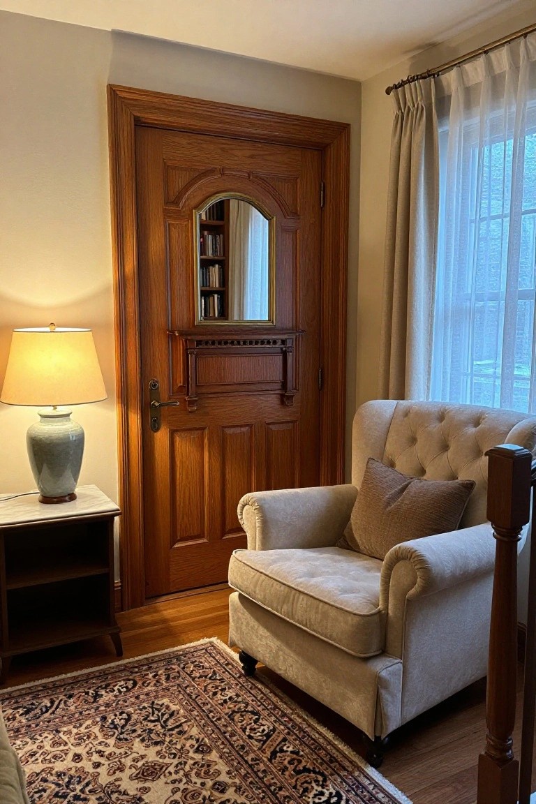 A dark wood door with an arched mirror panel stands in a living room beside a beige armchair and side table with a lamp.