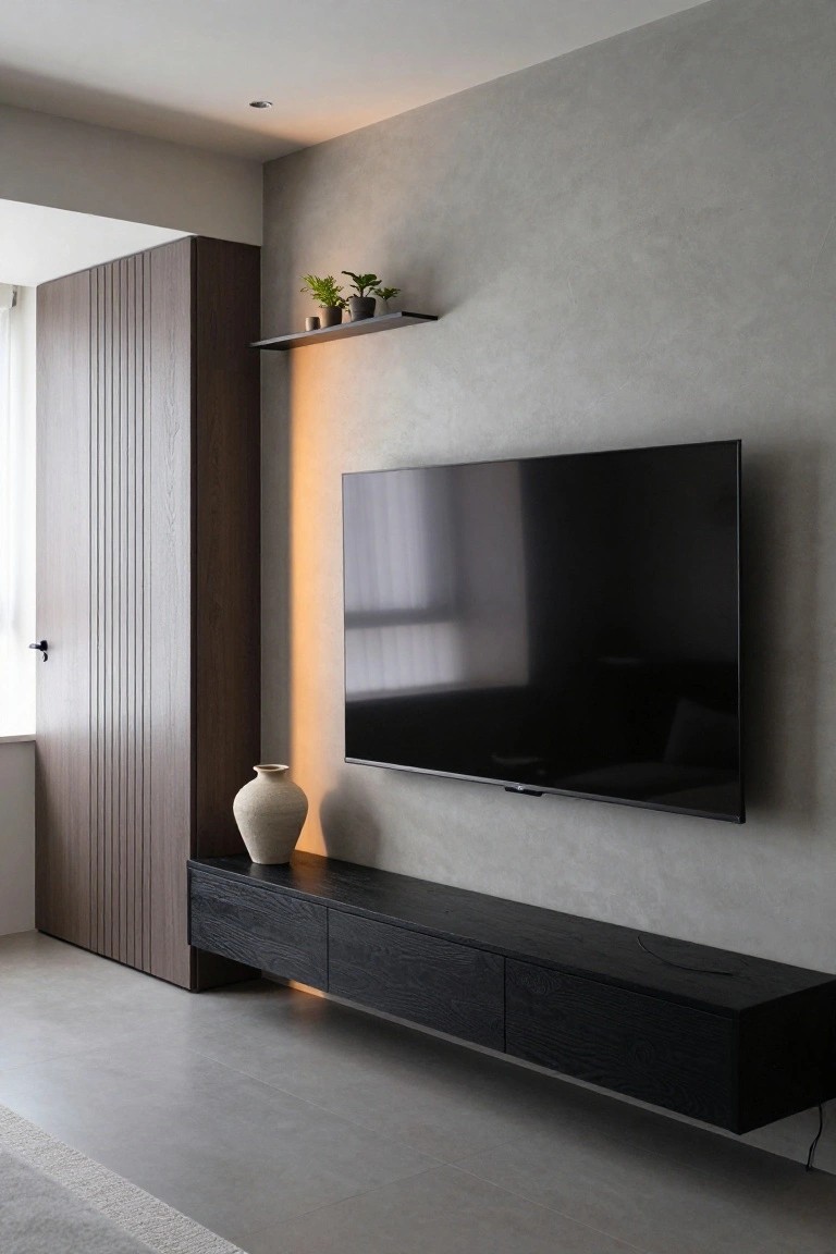 A living room featuring a tall wooden door with vertical slats on the left, a dark floating media console beneath a wall-mounted television, and a narrow wall shelf holding small potted plants.