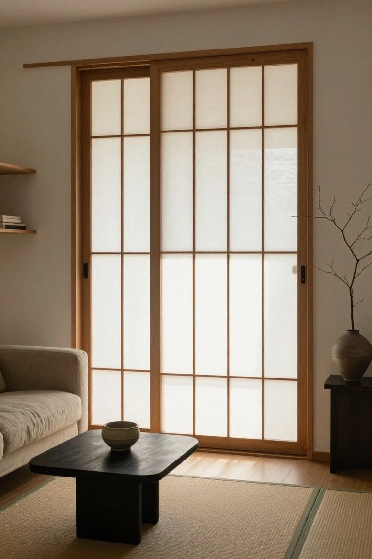 Interior view of a living room with wooden sliding doors featuring a grid pattern, a dark coffee table on tatami mats, and a beige sofa nearby.