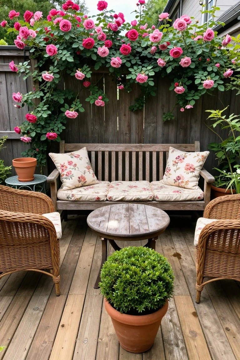 A wooden deck patio with a central bench flanked by two wicker chairs, a round table, potted plants, and a fence covered in pink climbing roses.