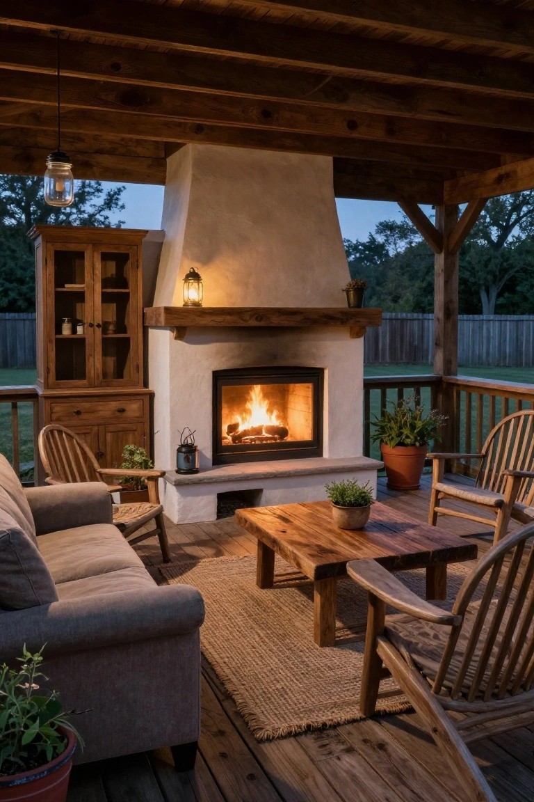 Cozy wooden porch with burning fireplace, sofa, chairs, coffee table, and plants at dusk