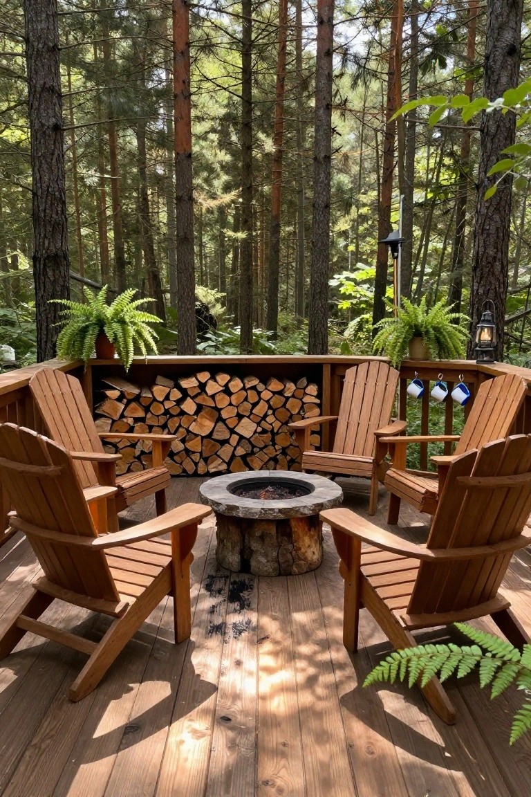 Four Adirondack chairs encircle a fire pit on a forest deck with stacked logs.
