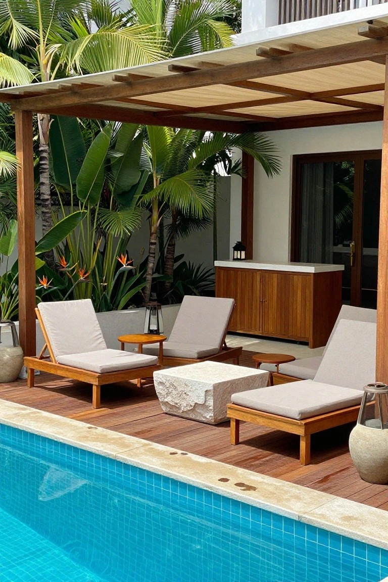 Wooden lounge chairs on a deck by a blue pool with tropical plants and pergola.