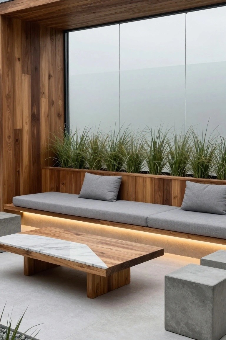 An outdoor wooden bench with gray cushions and underlighting sits against a wood-paneled wall with tall grasses, next to a marble and wood coffee table and concrete stools.
