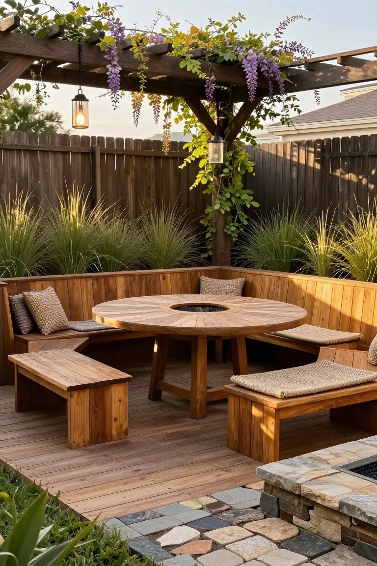 A wooden deck with built-in benches arranged in an L-shape around a round fire pit table, under a pergola with hanging lanterns and flowering vines.