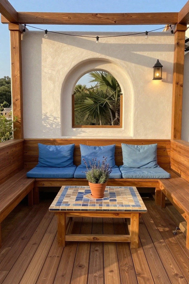 Wooden patio with blue cushions, mosaic table, arched window, and string lights.