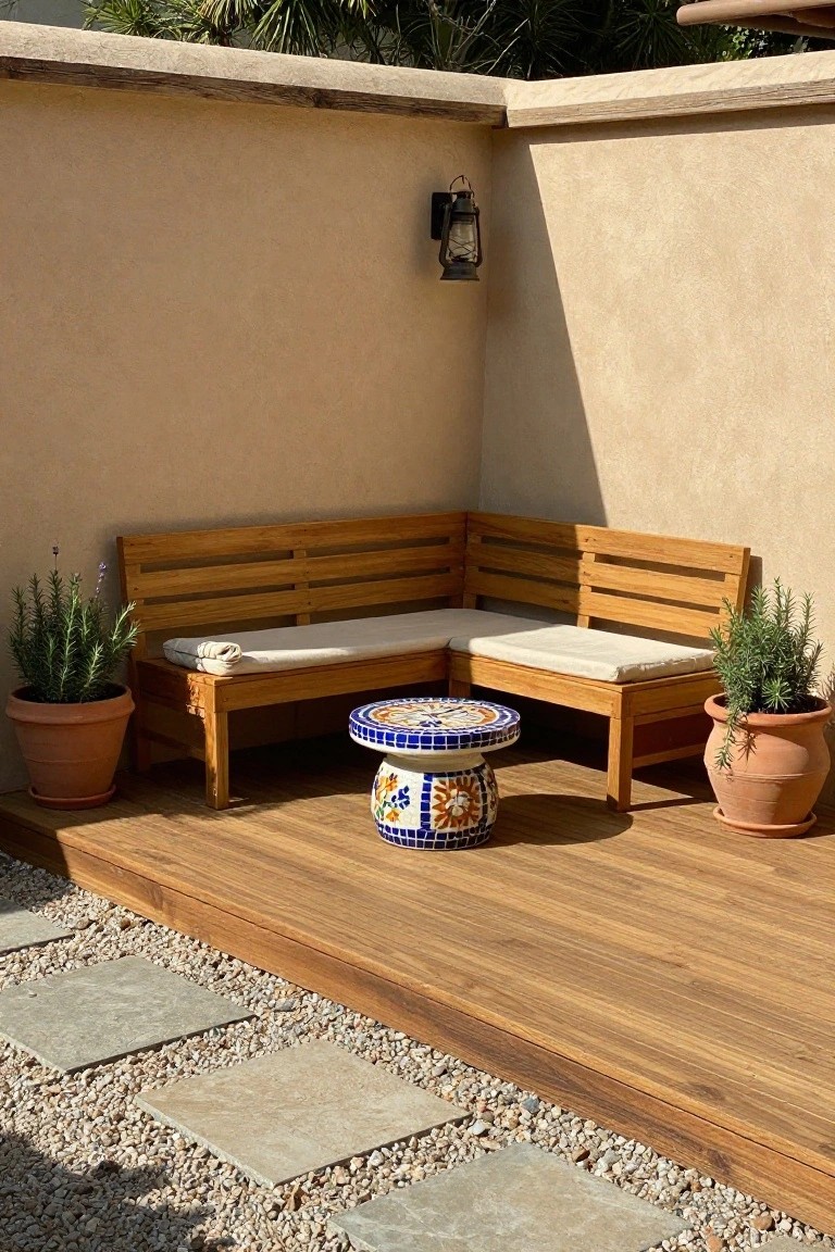 An L-shaped wooden bench with light cushions sits in the corner of a wooden deck patio, flanked by two potted plants and a small tiled table.