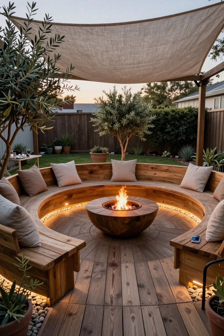 A large circular wooden bench with cushions surrounds a central fire pit on a wooden deck under a shade sail.