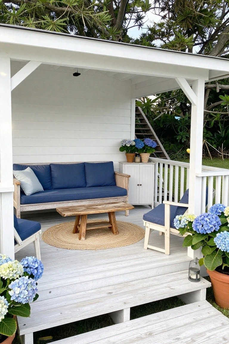A white wooden covered porch with a blue-cushioned wooden sofa, two matching chairs, a wooden coffee table on a round jute rug, and several pots of blue hydrangeas.