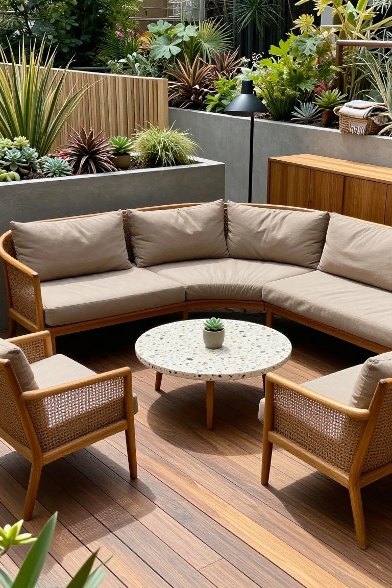 Curved wooden outdoor sofa with beige cushions on a deck, flanked by two cane-back armchairs around a round terrazzo table, with dense plants in the background.