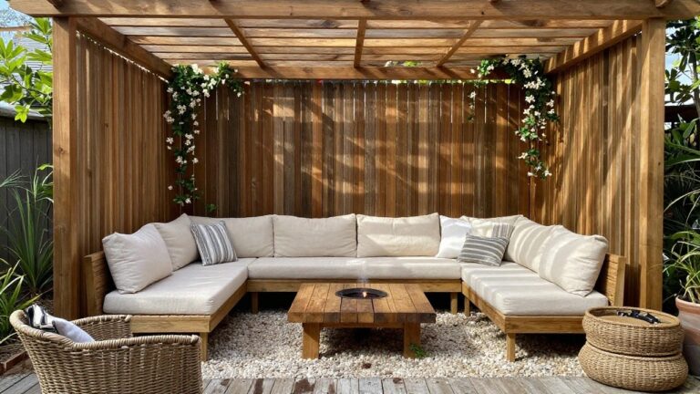 18 Stylish Wooden Patio Lounge Areas Centered Around Comfort and Conversation Wooden patio with an L-shaped sectional sofa, two armchairs, and a coffee table arranged under a slatted pergola on a pebble surface.