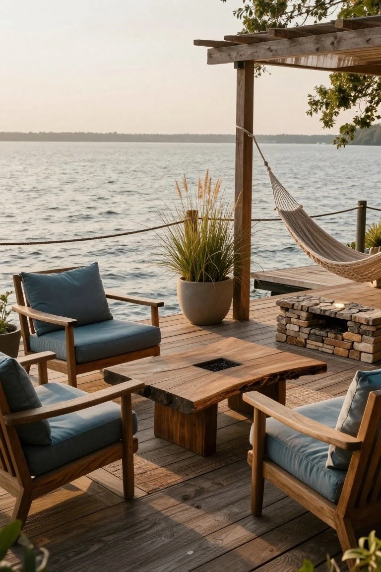 A wooden deck by the water with four blue-cushioned armchairs arranged around a low wooden coffee table, plus a hammock and stone fire feature in the background.