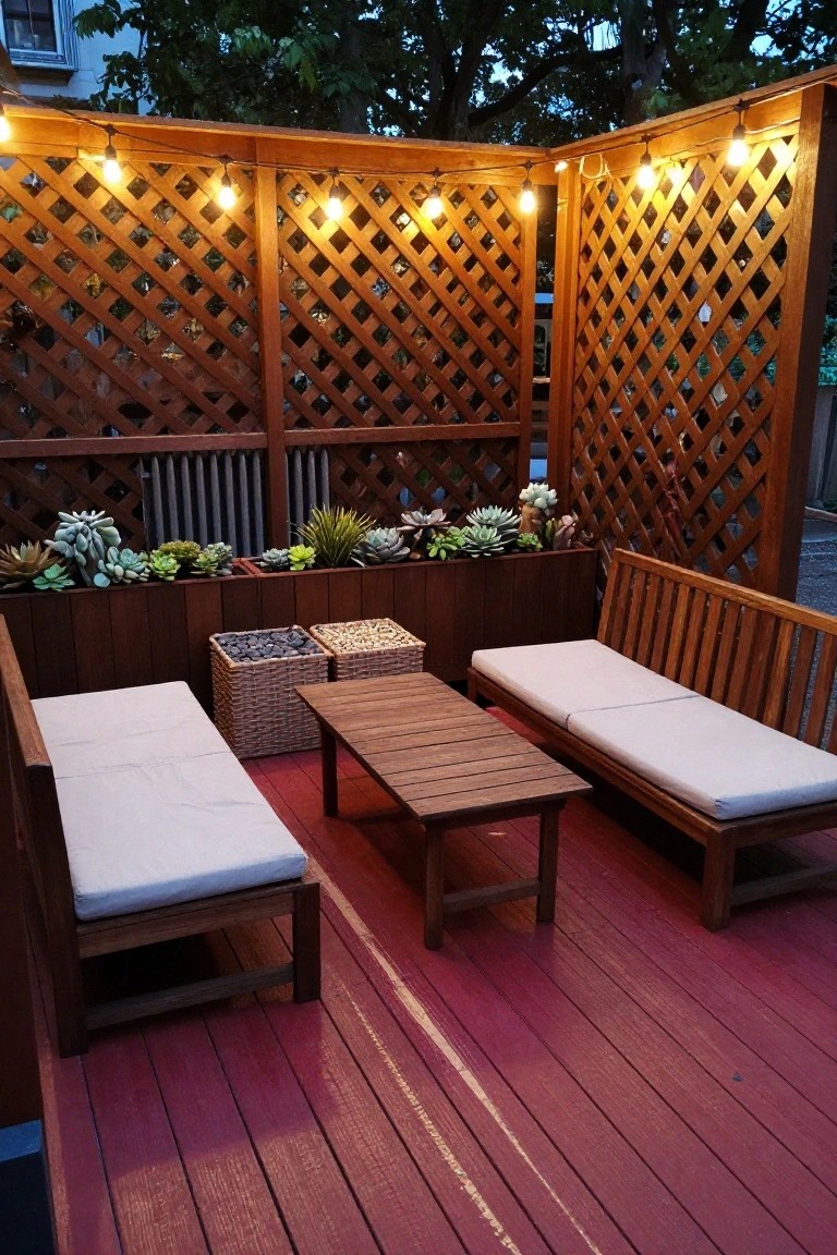 Wooden patio with two cushioned benches arranged in an L shape around a central table, set against a lattice fence with string lights overhead.