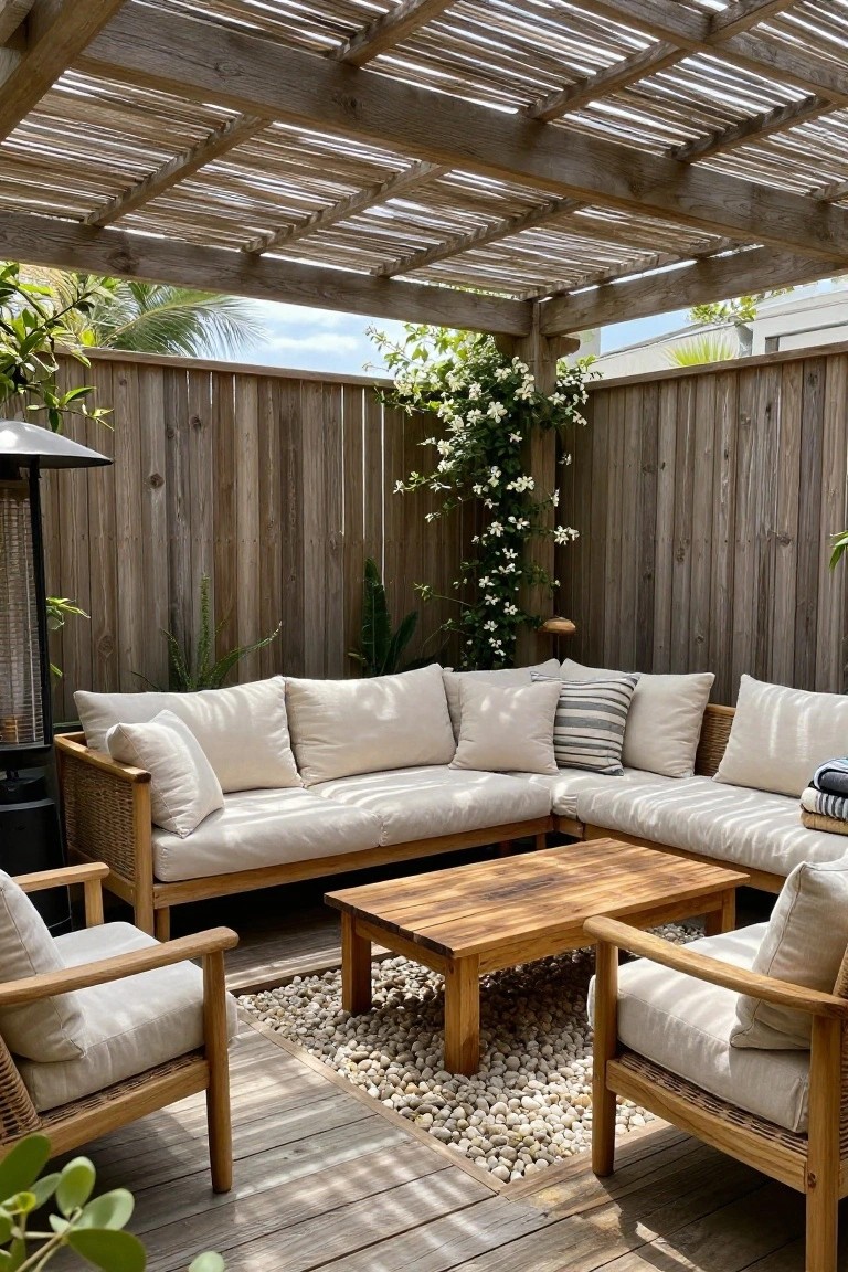 Wooden patio with an L-shaped sectional sofa, two armchairs, and a coffee table arranged under a slatted pergola on a pebble surface.