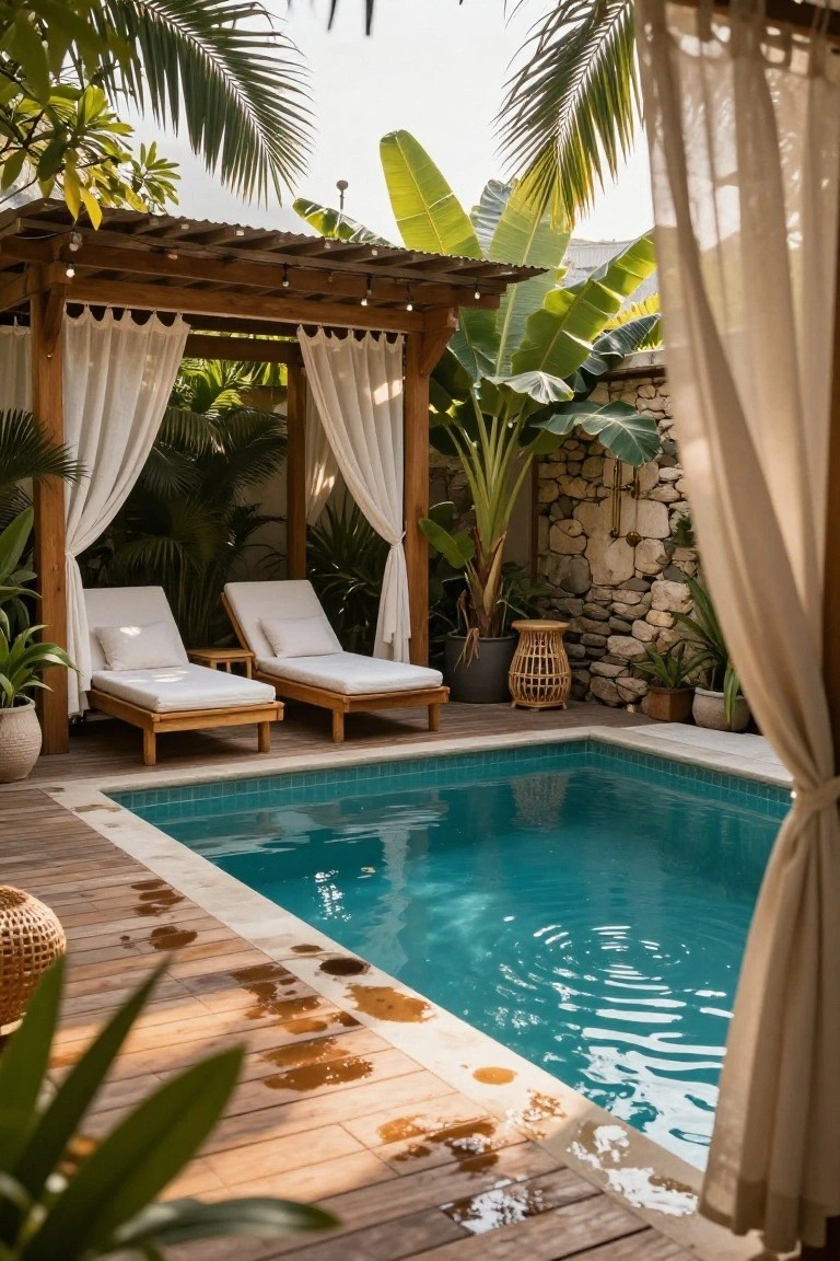 A rectangular swimming pool with wooden decking, two white-cushioned lounge chairs under a wooden pergola with white curtains, and tropical plants along a stone wall.