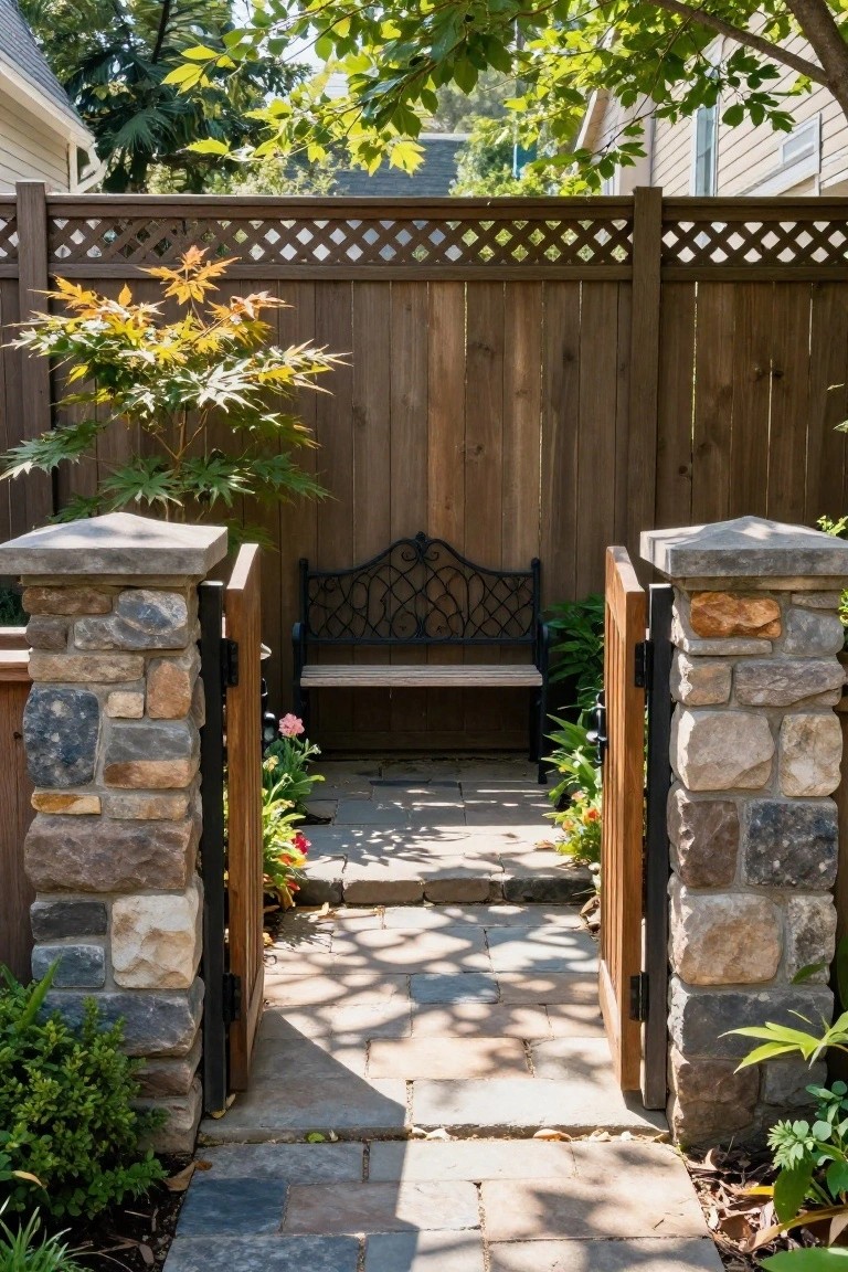 A wooden fence with open double gates set between stone pillars, revealing a stone path and bench inside the enclosed area.