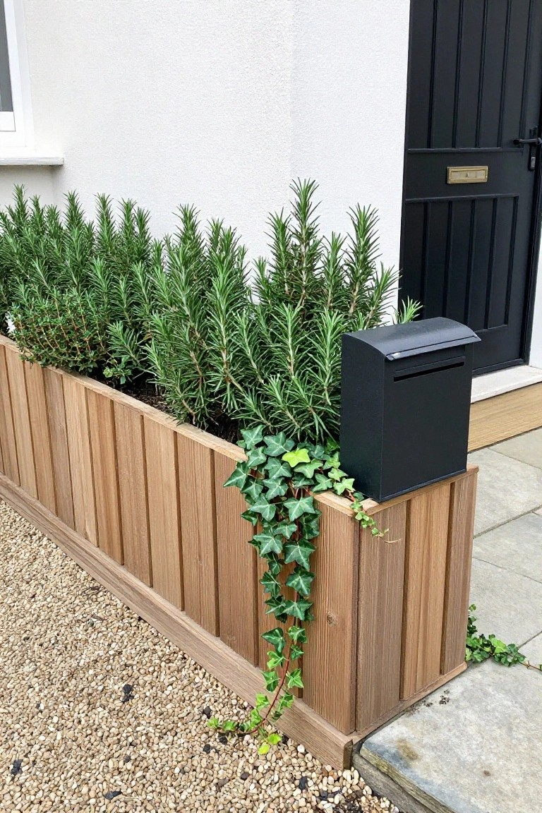 Wooden raised planter with rosemary and trailing ivy beside black mailbox by door