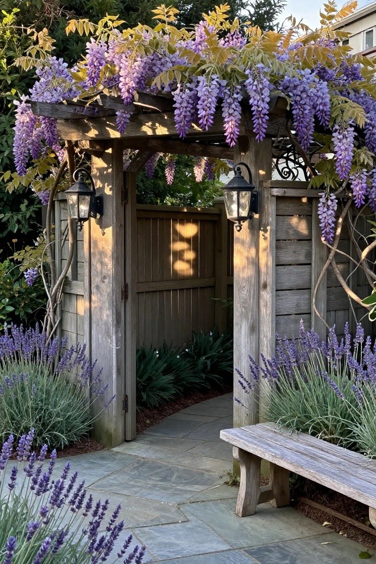 A wooden gate topped with a pergola arbor covered in purple wisteria, flanked by black lanterns and lavender plants along a stone path.