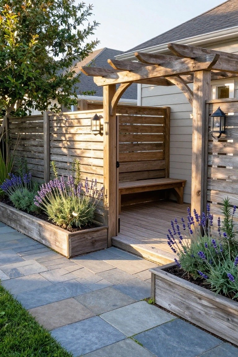 Wooden pergola with bench, lavender planters, and stone patio pathway