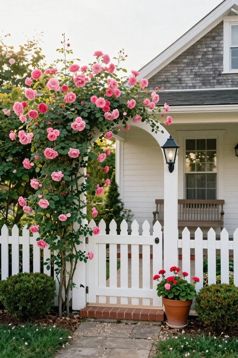 White picket fence gate with pink rose archway at house entrance
