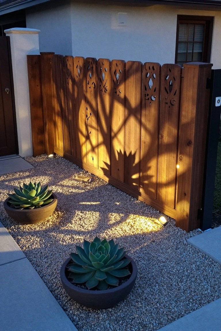 Wooden fence with cutouts casting shadows over potted succulents on gravel