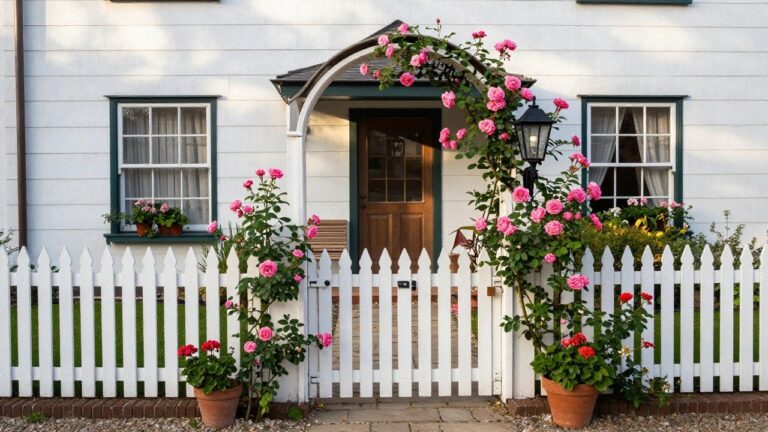 17 Charming Front Yard Wood Fence Ideas That Frame Your Home Beautifully White picket fence gate with pink rose archway at house entrance