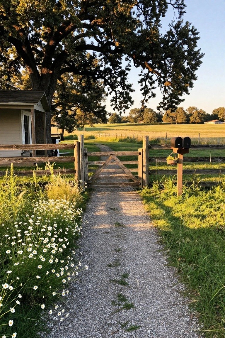 A gravel path leads through an open wooden gate in a fence, with white daisies growing along the left side and a large tree overhead.
