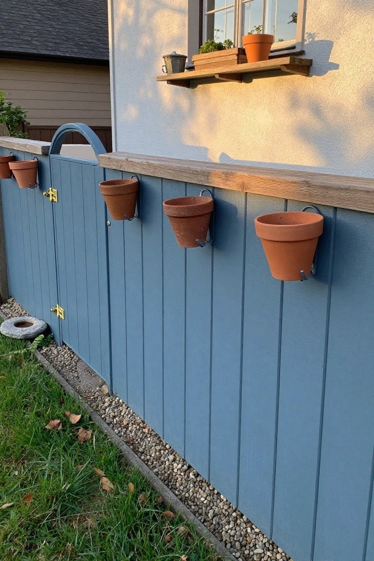 Blue wooden fence with terracotta pots hanging from metal hooks by house wall