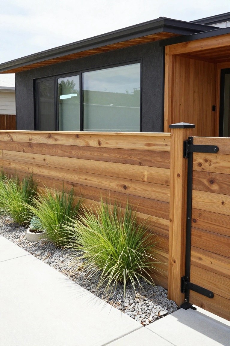 Modern house exterior with dark siding, large windows, and a horizontal wood fence with black metal gate and low ornamental grasses in gravel.