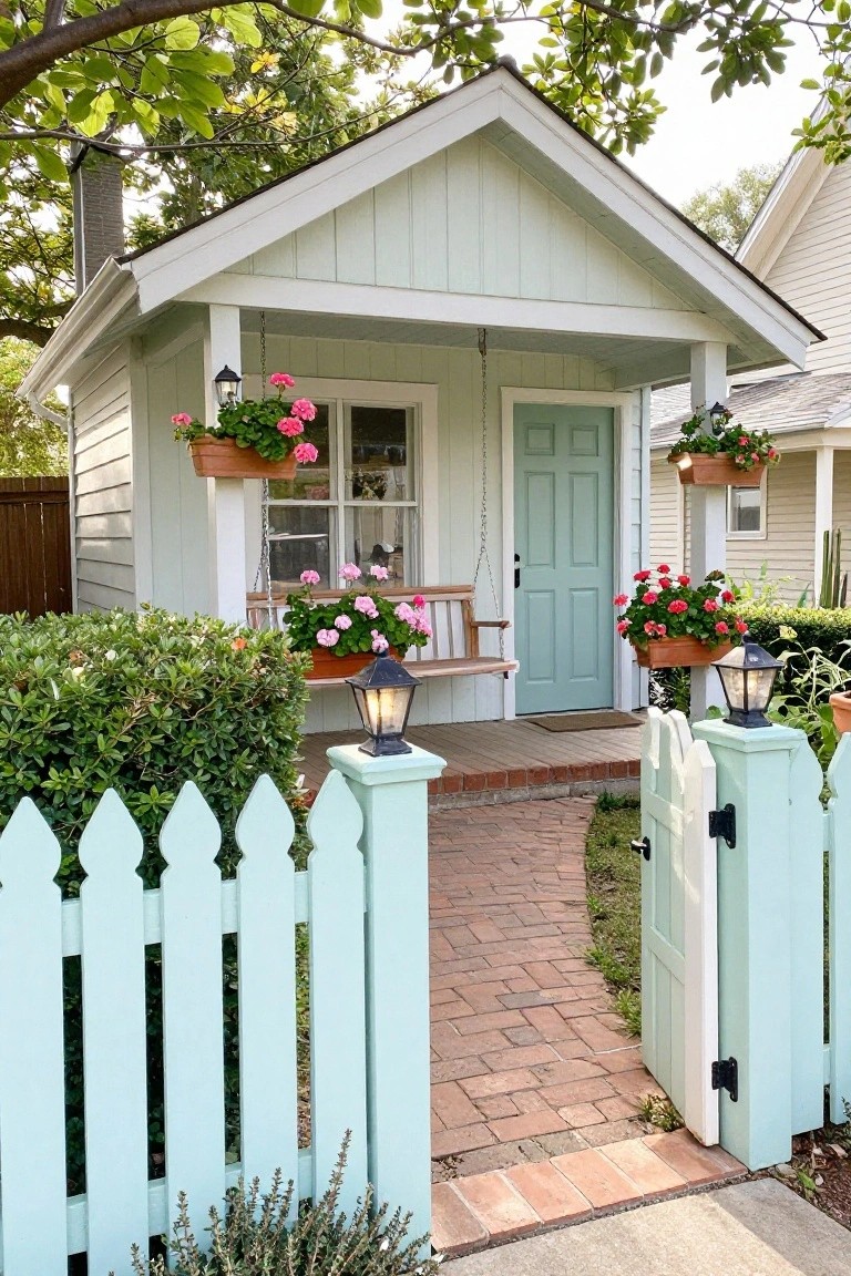 A light blue painted wood picket fence with an open gate frames a brick walkway leading to a small house porch with a light blue door and hanging flower boxes.
