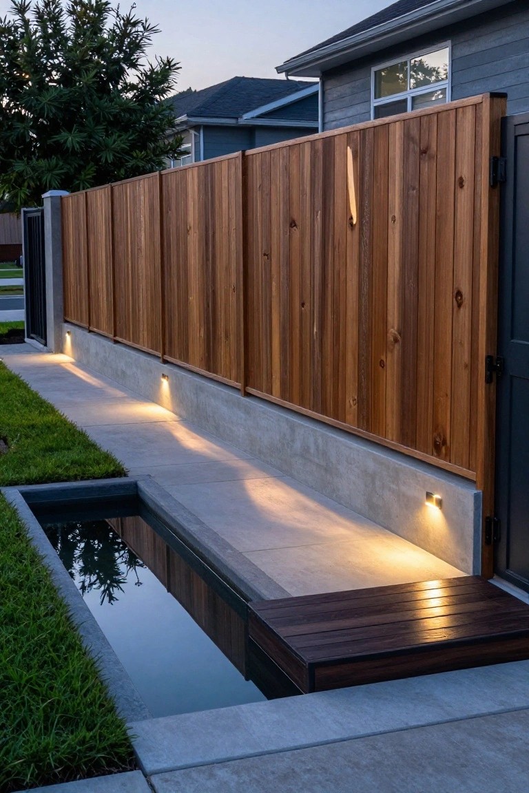 A tall vertical wood fence runs along a concrete wall beside a house, with recessed lights glowing at the base and a narrow water feature along the left side.
