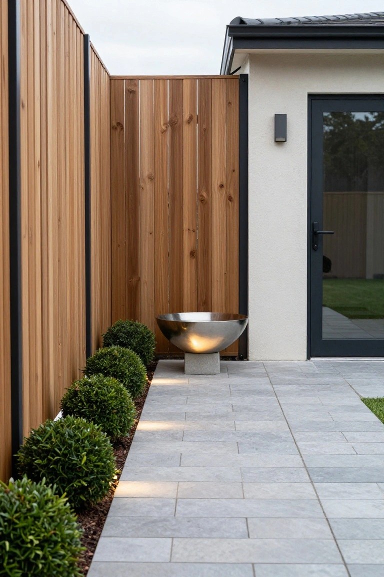 A vertical wood fence runs along a narrow gray stone path with a row of rounded green shrubs at its base, next to a house wall and black-framed door.