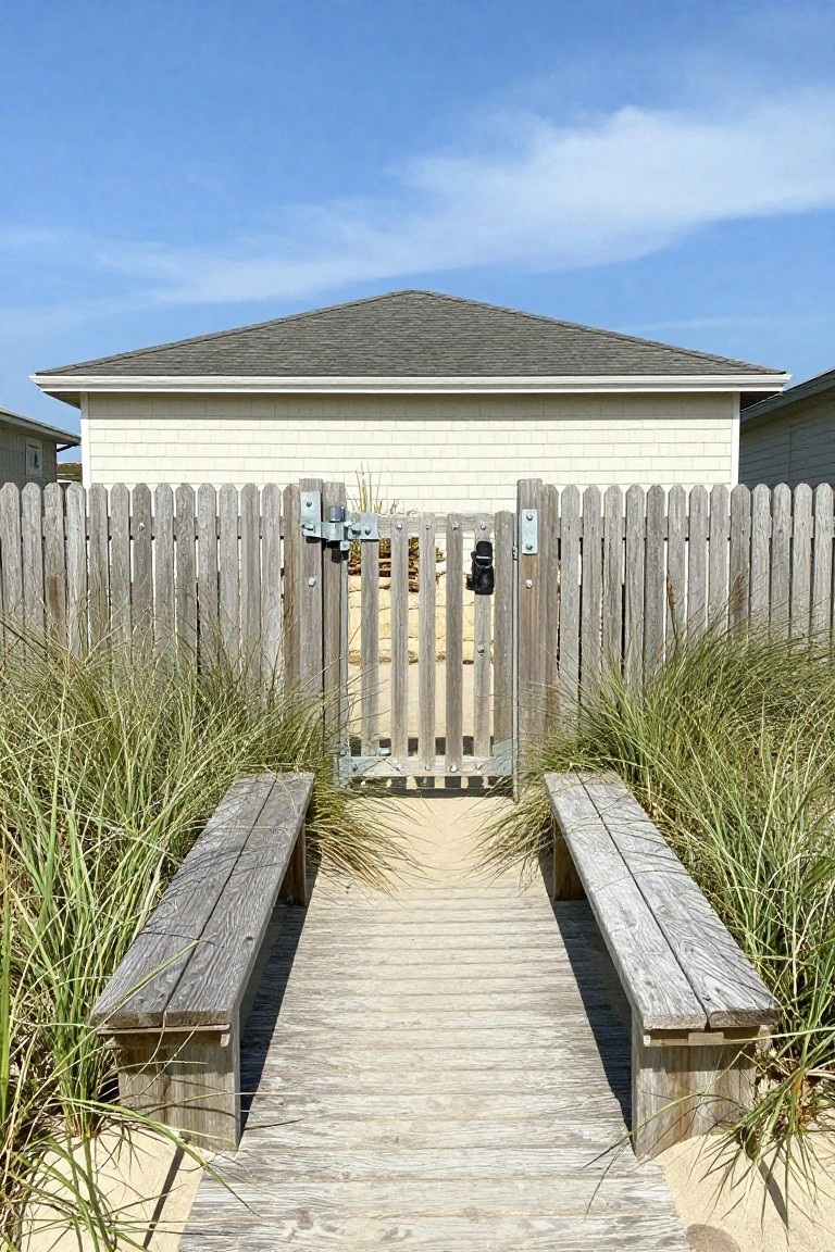 A wooden picket fence with a central gate opens onto a boardwalk path lined with benches and tall grasses in front of a light-colored house.