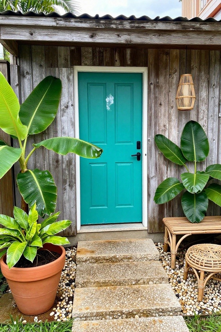 Teal door on rustic wooden building with stone steps and tropical potted plants