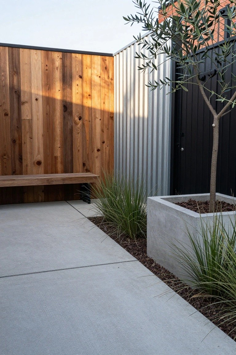 A concrete walkway runs alongside a tall vertical wood fence on the left and a corrugated metal wall with a black gate on the right, with a concrete planter holding a small tree and tall grasses in the foreground.