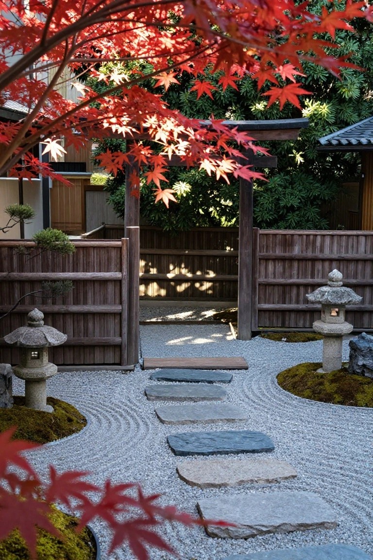 A gravel path with stone stepping stones leads through a dark wooden gate set in a horizontal wood fence, with red Japanese maple branches in the foreground and stone lanterns on either side.