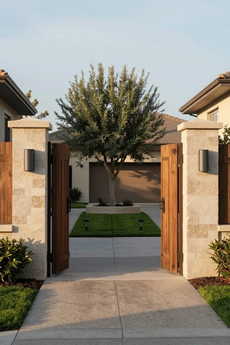 Open wooden gates between stone pillars frame a view of a house driveway with a central tree and grass strip.