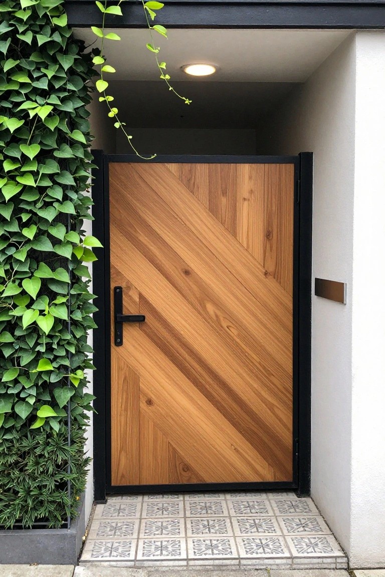 A modern wooden entrance door with diagonal grain pattern set in a black frame, beside a wall of green ivy and above patterned tile steps.
