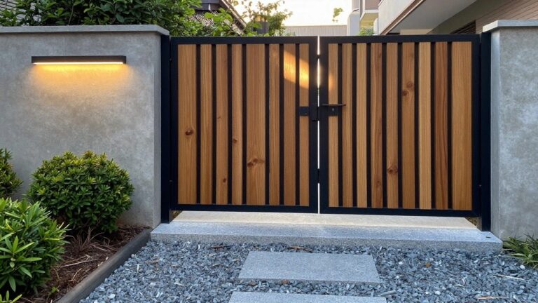 15 Contemporary Entrance Gate Ideas Built Around Clean Lines and Warm Wood A vertical wood plank gate with a black metal frame stands between two gray concrete walls, with gravel and stone pavers visible in the foreground.